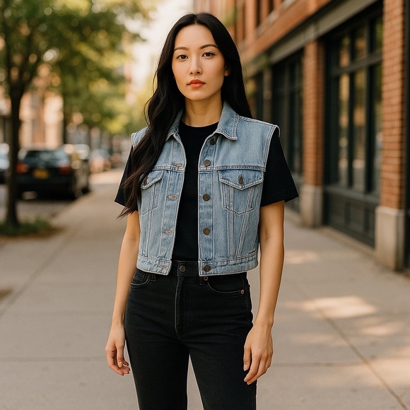 Vintage “Tickets” Blue Denim Crop Denim Vest Top - Picture 1 of 16